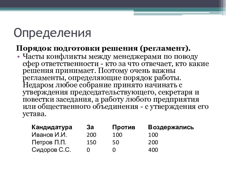 Определения Порядок подготовки решения (регламент). Часты конфликты между менеджерами по поводу