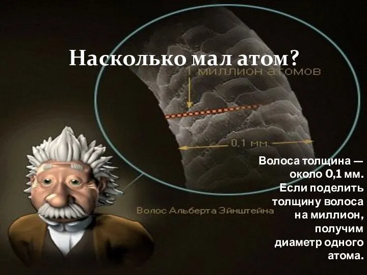 Насколько мал атом? Волоса толщина — около 0,1 мм. Если поделить