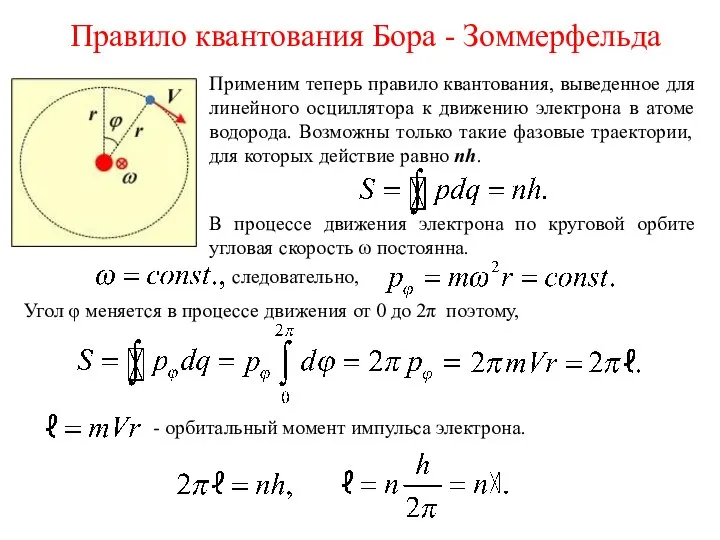 Правило квантования Бора - Зоммерфельда Применим теперь правило квантования, выведенное для