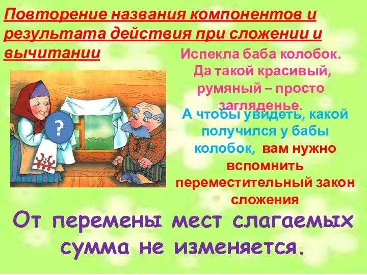 Испекла баба колобок. Да такой красивый, румяный – просто загляденье. Повторение