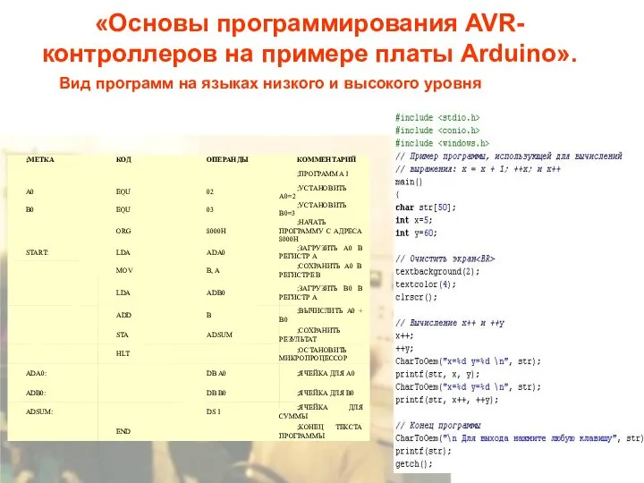 «Основы программирования AVR-контроллеров на примере платы Arduino». Вид программ на языках низкого и высокого уровня