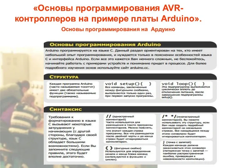 Основы программирования на Ардуино «Основы программирования AVR-контроллеров на примере платы Arduino».