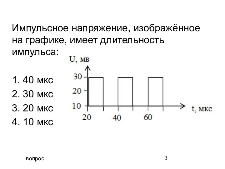 вопрос Импульсное напряжение, изображённое на графике, имеет длительность импульса: 1. 40