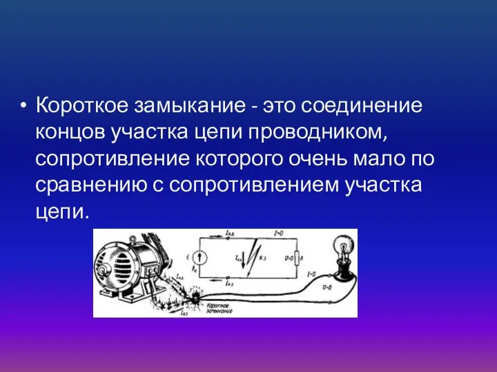 Короткое замыкание - это соединение концов участка цепи проводником, сопротивление которого