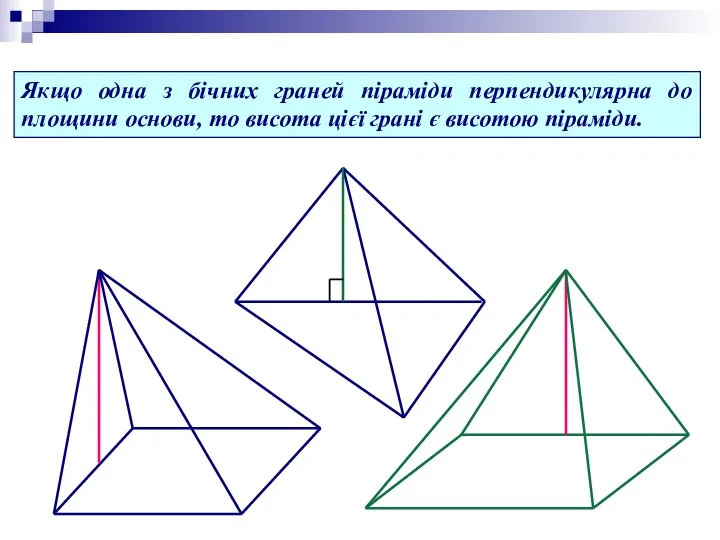 Якщо одна з бічних граней піраміди перпендикулярна до площини основи, то
