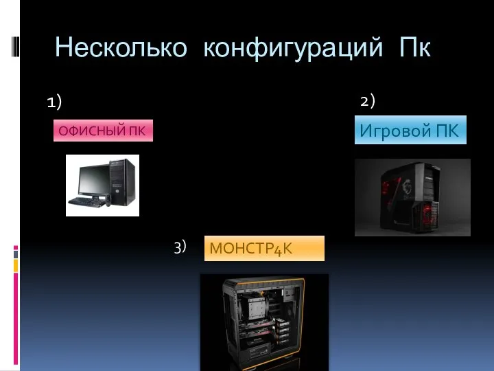 Несколько конфигураций Пк 1) ОФИСНЫЙ ПК Игровой ПК МОНСТР4К 2) 3)