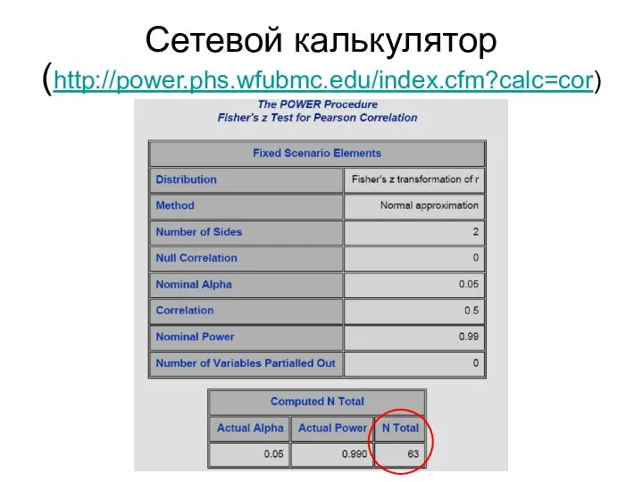 Сетевой калькулятор (http://power.phs.wfubmc.edu/index.cfm?calc=cor)