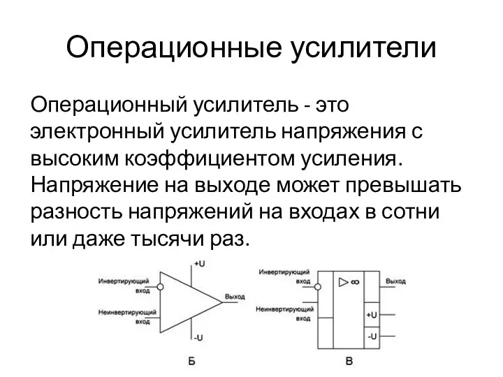 Операционные усилители Операционный усилитель - это электронный усилитель напряжения с высоким