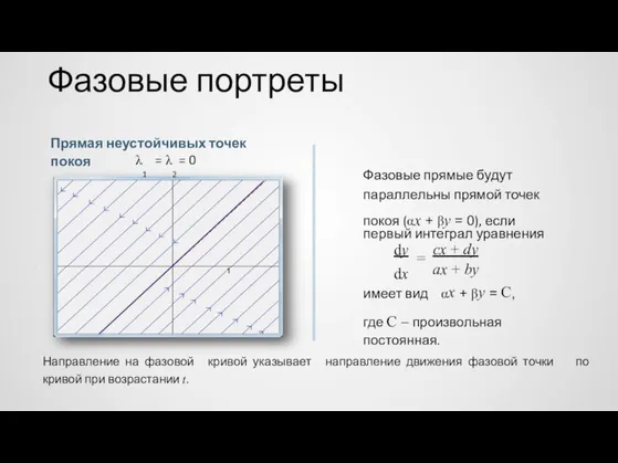 Фазовые портреты Прямая неустойчивых точек покоя λ1 = λ2 = 0