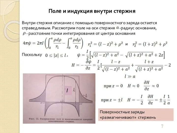 Внутри стержня описание с помощью поверхностного заряда остается справедливым. Рассмотрим поле