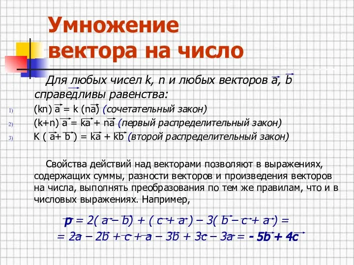 Умножение вектора на число Для любых чисел k, n и любых