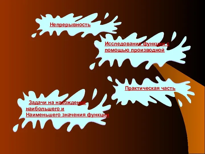 Непрерывность Исследование функции с помощью производной Задачи на нахождение наибольшего и Наименьшего значения функции Практическая часть