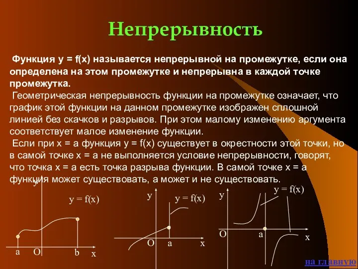 Непрерывность Функция y = f(x) называется непрерывной на промежутке, если она