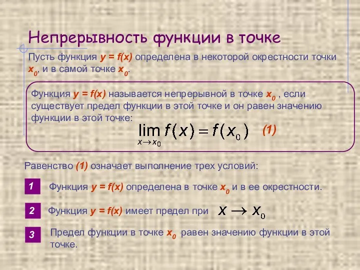 Непрерывность функции в точке Пусть функция y = f(x) определена в