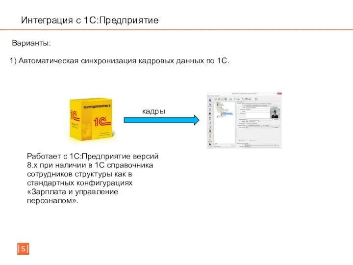 Интеграция с 1C:Предприятие 1) Автоматическая синхронизация кадровых данных по 1С. Варианты: