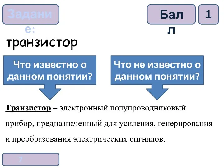 Задание: Балл 7 класс 1 транзистор Что известно о данном понятии?