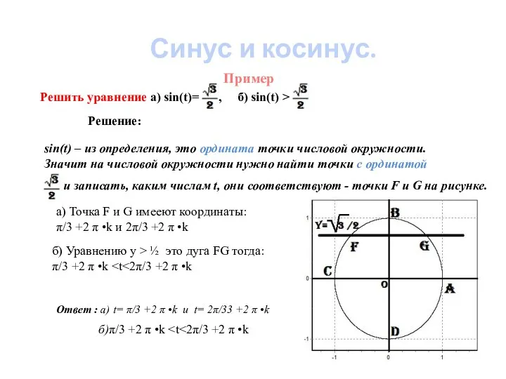 Решить уравнение a) sin(t)= , б) sin(t) > Пример Синус и