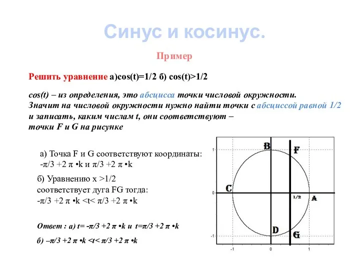 Пример Решить уравнение а)cos(t)=1/2 б) cos(t)>1/2 Синус и косинус. cos(t) –