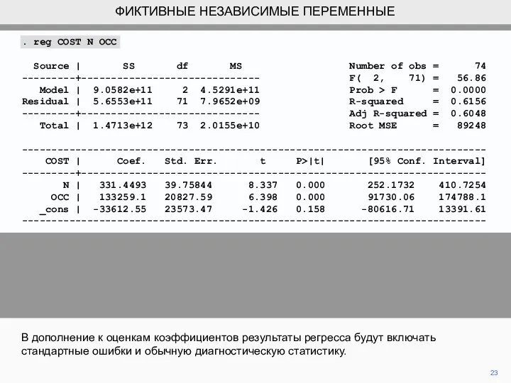 В дополнение к оценкам коэффициентов результаты регресса будут включать стандартные ошибки