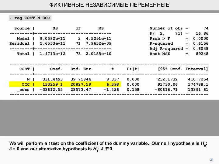 We will perform a t test on the coefficient of the