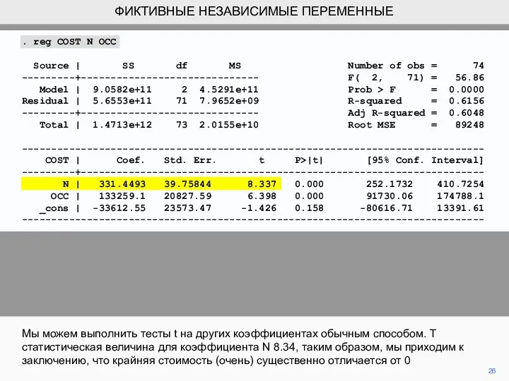 . reg COST N OCC Source | SS df MS Number