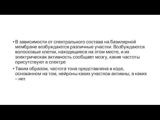 В зависимости от спектрального состава на базилярной мембране возбуждаются различные участки.