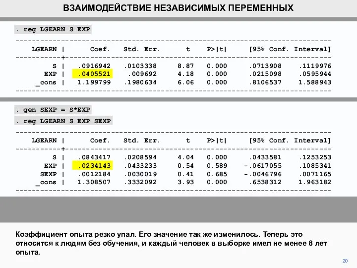 20 Коэффициент опыта резко упал. Его значение так же изменилось. Теперь