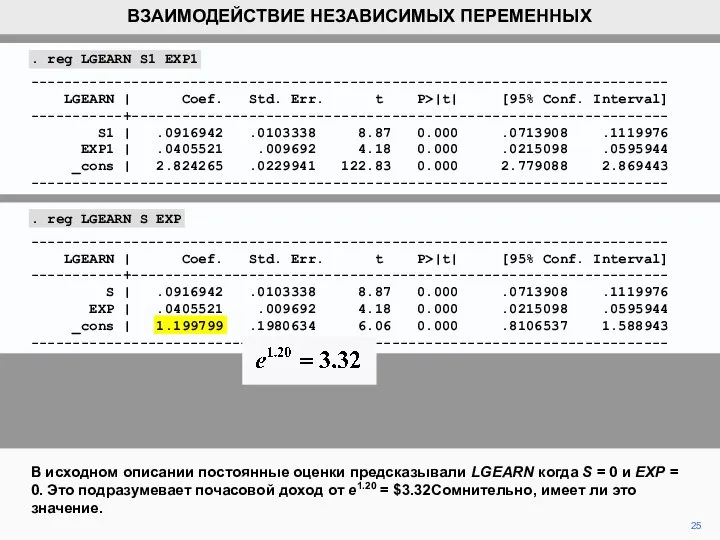 25 В исходном описании постоянные оценки предсказывали LGEARN когда S =