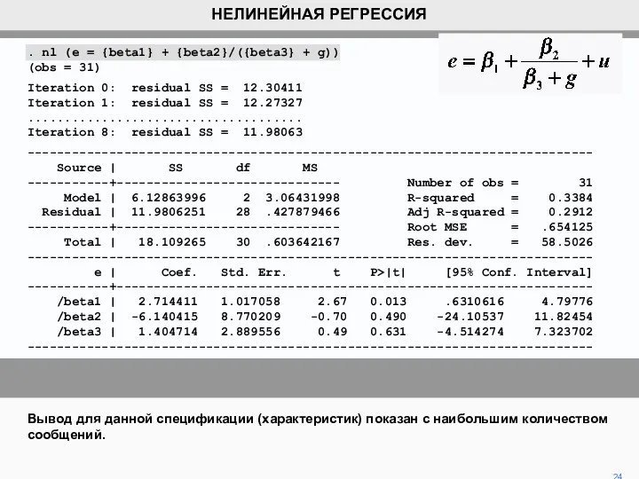 . nl (e = {beta1} + {beta2}/({beta3} + g)) (obs =