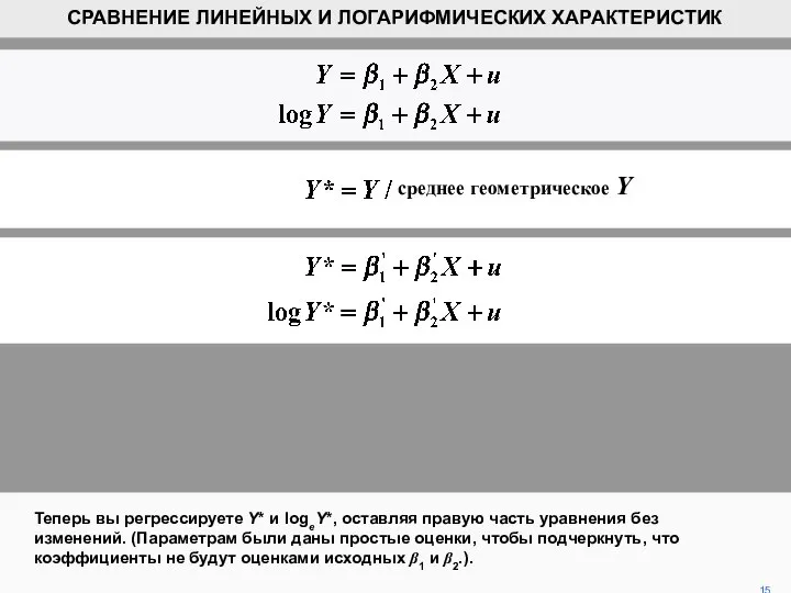 Теперь вы регрессируете Y* и logeY*, оставляя правую часть уравнения без