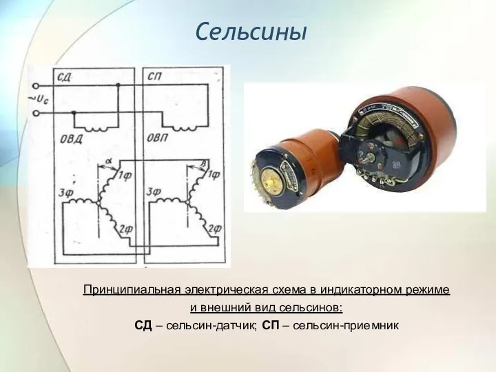 Сельсины Принципиальная электрическая схема в индикаторном режиме и внешний вид сельсинов: