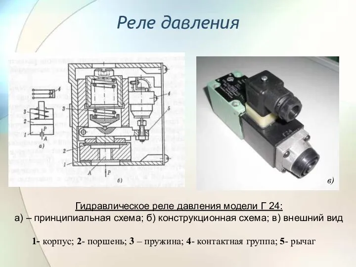 Реле давления Гидравлическое реле давления модели Г 24: а) – принципиальная