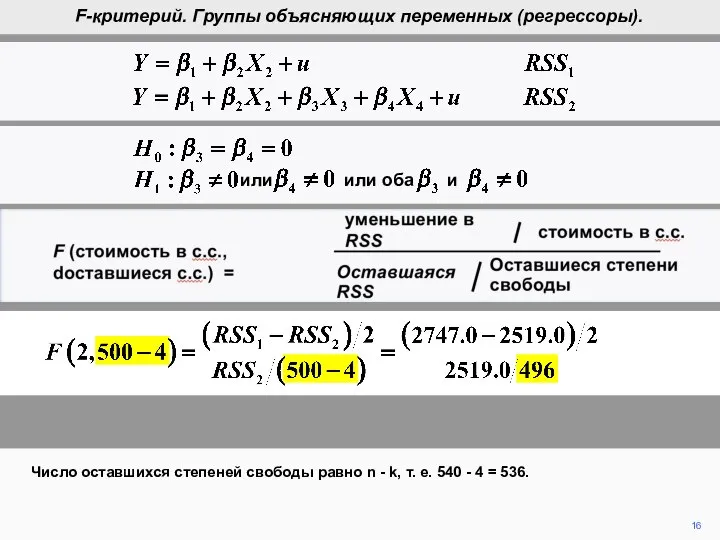 F (cost in d.f., d.f. remaining) = reduction in RSS cost