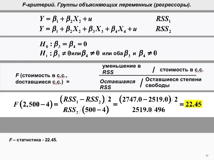 17 F-критерий. Группы объясняющих переменных (регрессоры). F – статистика - 22.45.