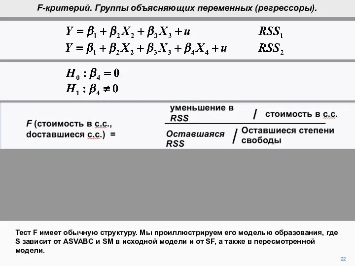 22 Тест F имеет обычную структуру. Мы проиллюстрируем его моделью образования,