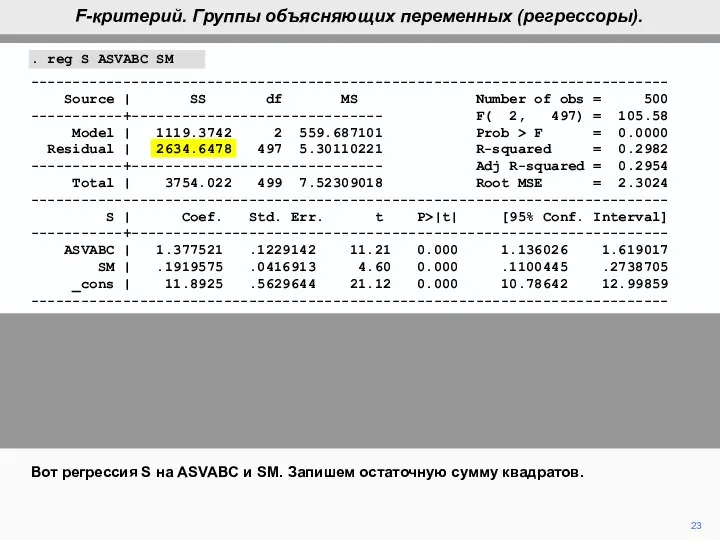 23 Вот регрессия S на ASVABC и SM. Запишем остаточную сумму