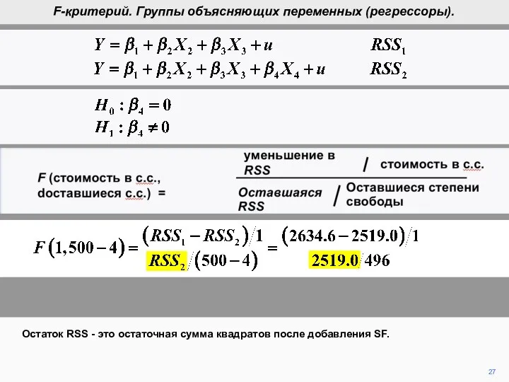 F (cost in d.f., d.f. remaining) = reduction in RSS cost