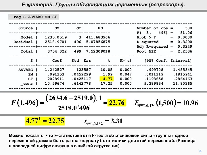 34 Можно показать, что F-статистика для F-теста объясняющей силы «группы» одной