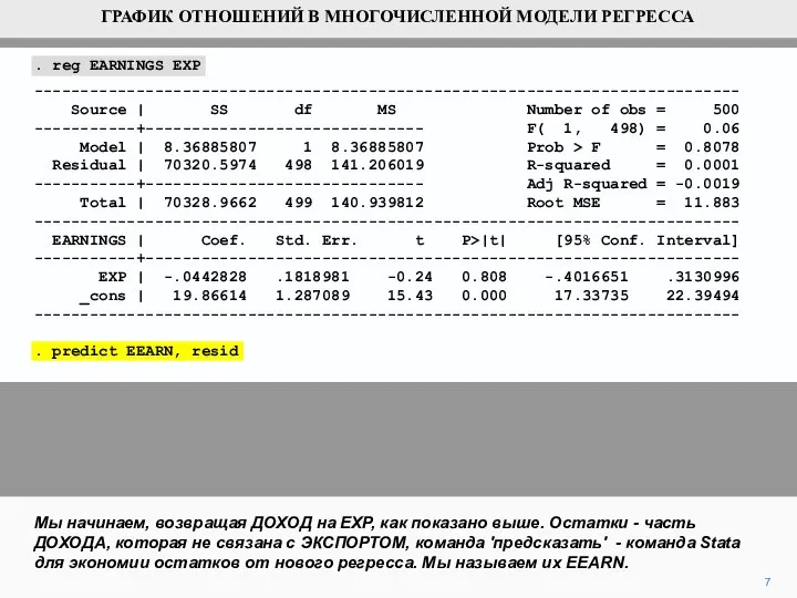 . reg EARNINGS EXP ---------------------------------------------------------------------------- Source | SS df MS Number