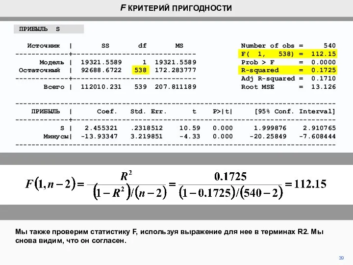 39 Мы также проверим статистику F, используя выражение для нее в