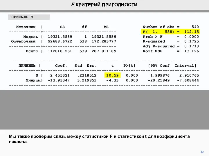 40 Мы также проверим связь между статистикой F и статистикой t