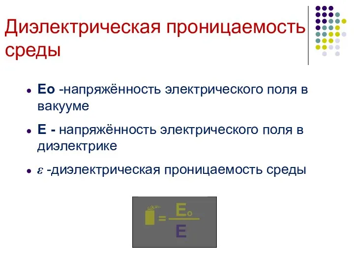 Диэлектрическая проницаемость среды Ео -напряжённость электрического поля в вакууме Е -