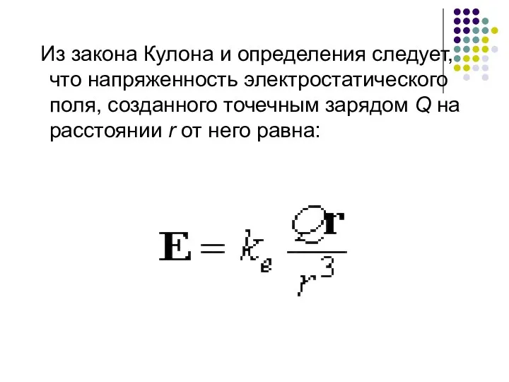 Из закона Кулона и определения следует, что напряженность электростатического поля, созданного