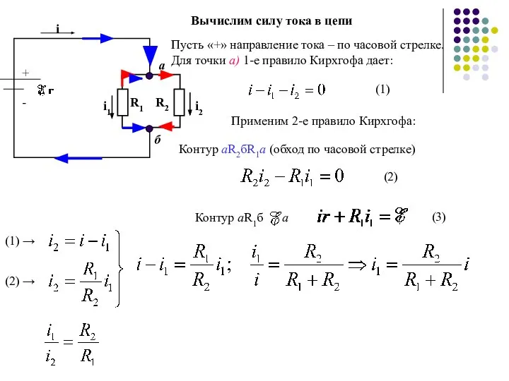 + - R1 R2 i1 i2 i a б Вычислим силу