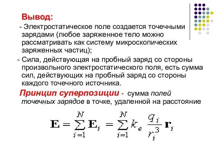 Вывод: - Электростатическое поле создается точечными зарядами (любое заряженное тело можно