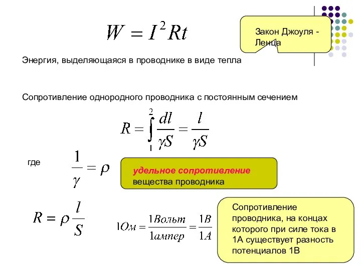 Энергия, выделяющаяся в проводнике в виде тепла Закон Джоуля -Ленца Сопротивление