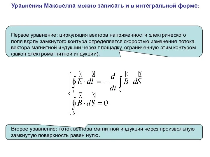 Уравнения Максвелла можно записать и в интегральной форме: Второе уравнение: поток