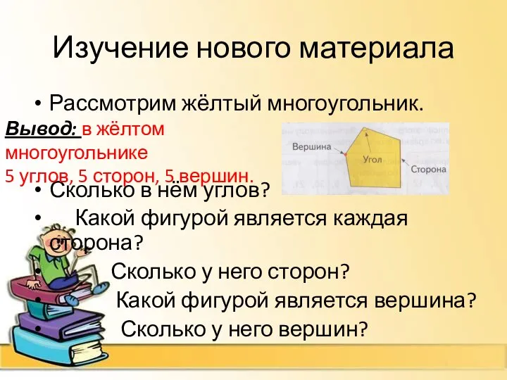 Изучение нового материала Рассмотрим жёлтый многоугольник. Сколько в нём углов? Какой