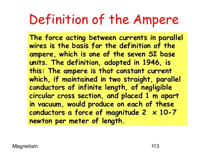 Magnetism Definition of the Ampere The force acting between currents in