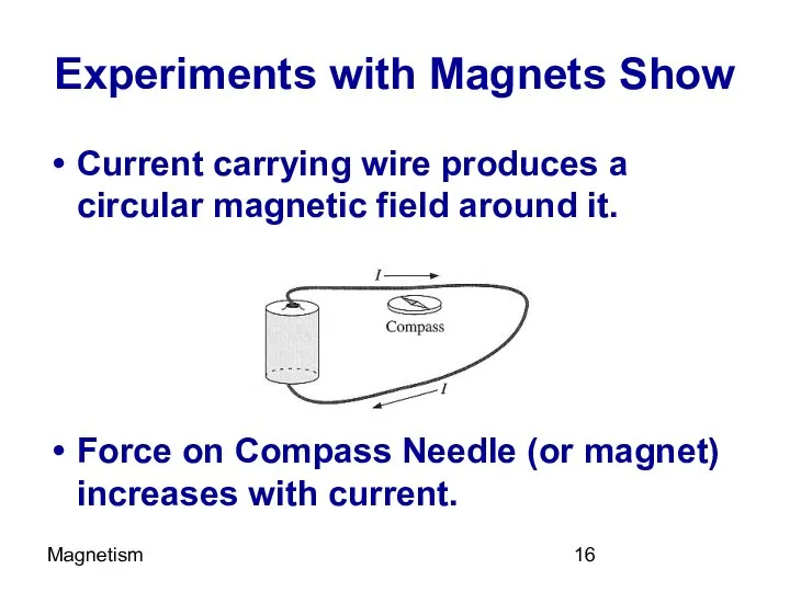 Magnetism Experiments with Magnets Show Current carrying wire produces a circular